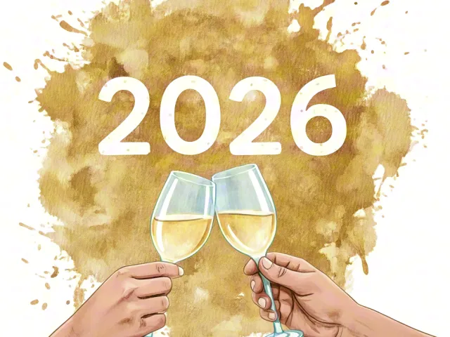 Two hands clinking champagne glasses against gold splash with 2026 text