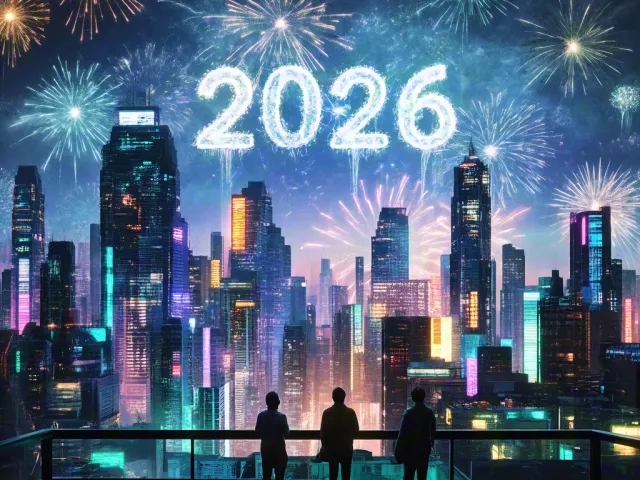 Colorful New Year fireworks above modern city skyline with 2026 text