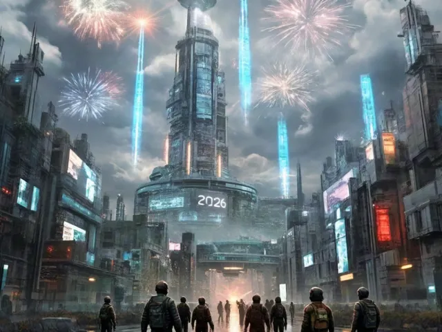 New Year fireworks above modern city skyline with 2026 text Cyberpunk-style