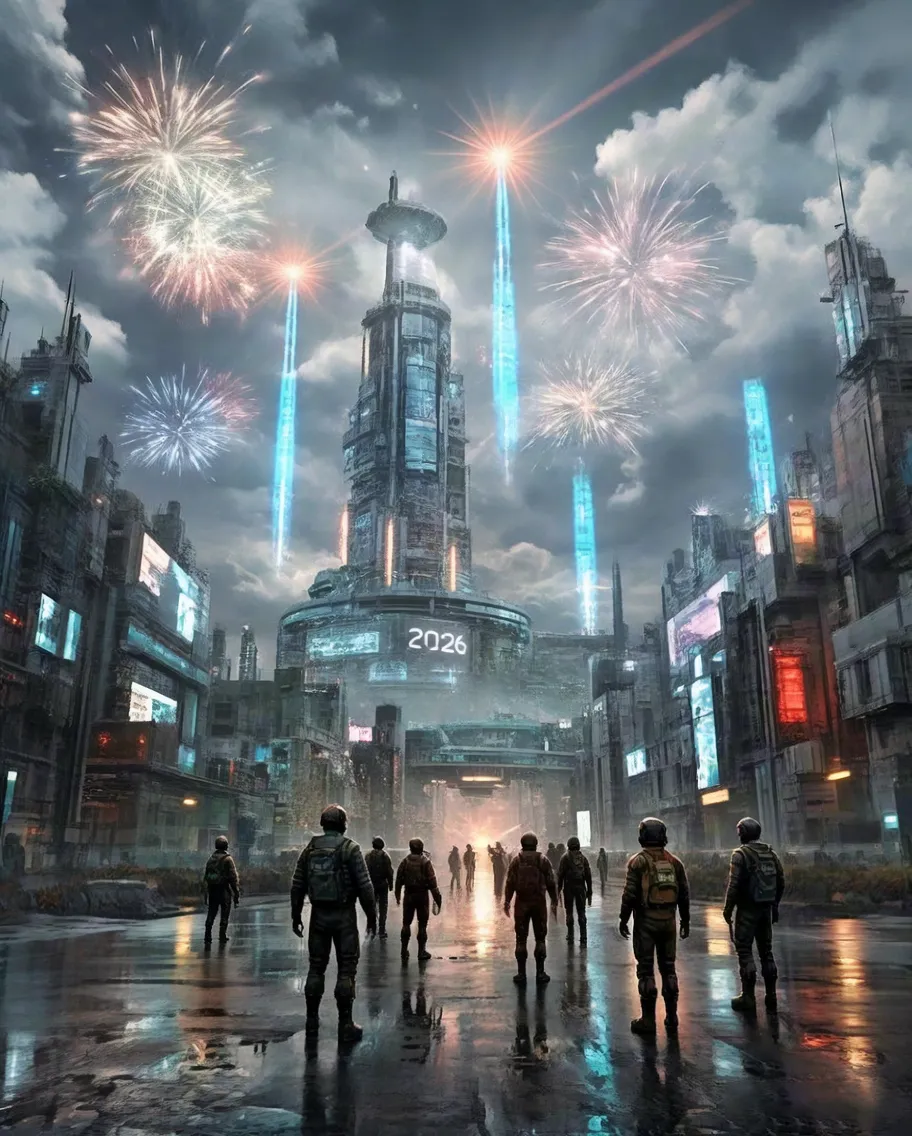 New Year fireworks above modern city skyline with 2026 text Cyberpunk-style