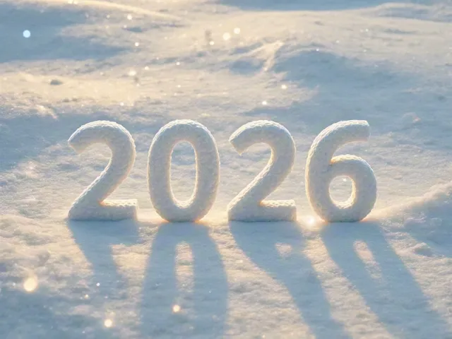 2026 numbers sculpted in fresh snow under soft morning light