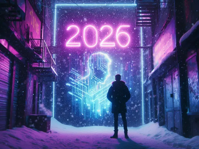 Person standing in a glowing neon alley with 2026 sign above