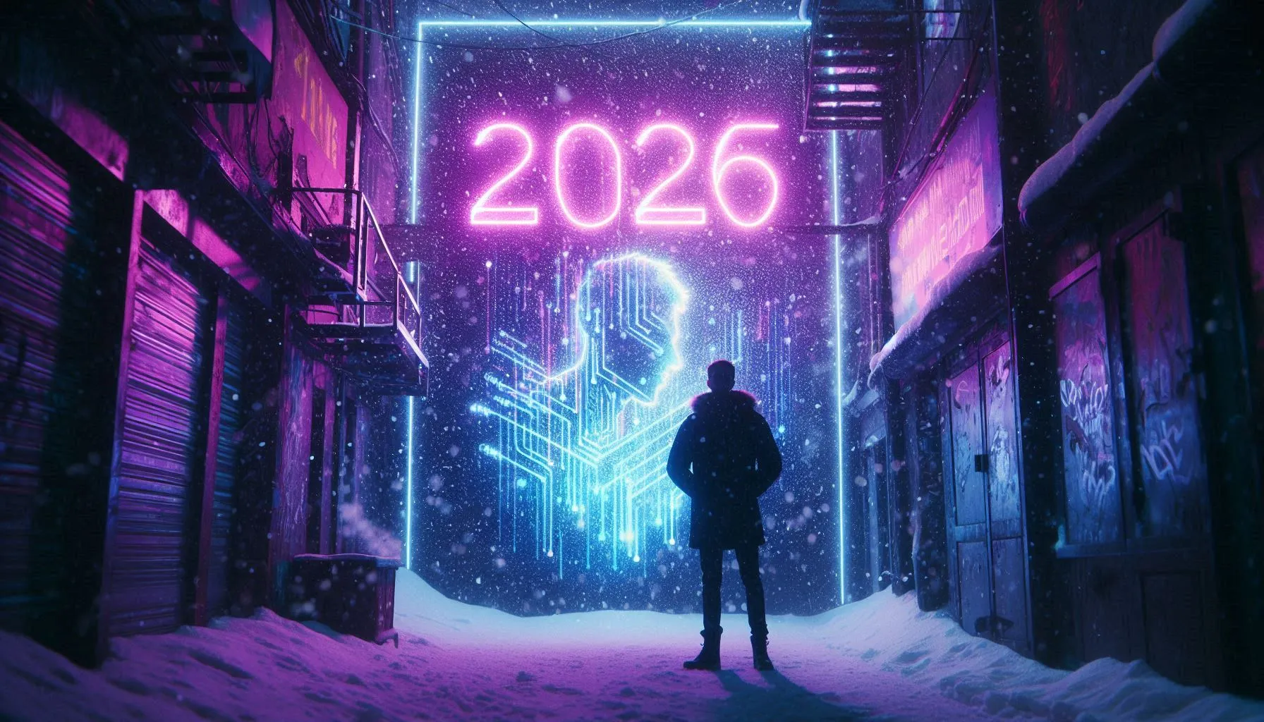 Person standing in a glowing neon alley with 2026 sign above