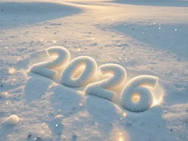 glowing 2026 numbers drawn in sand under sunset sky