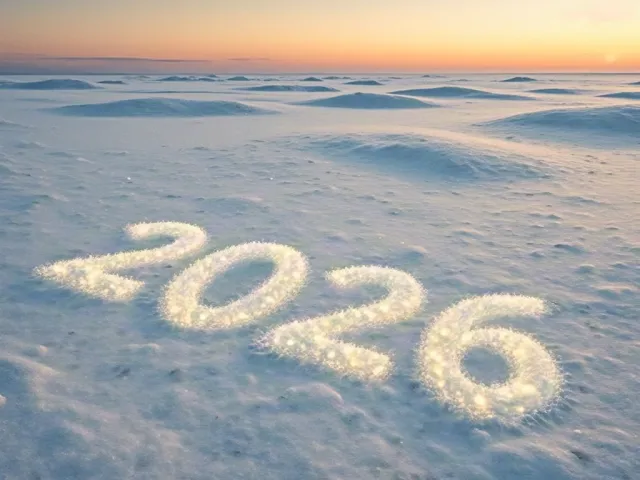 Large 2026 numbers carved into snowy landscape at sunrise