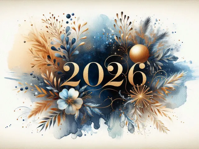 Artistic gold and blue splash with glowing 2026 text