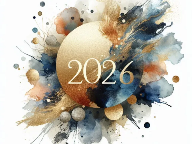 Artistic splash composition with golden ornaments and 2026 text