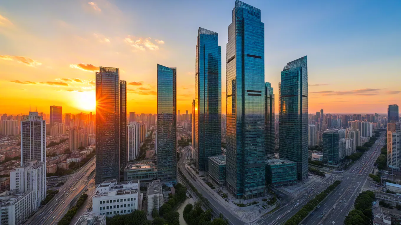 Aerial view of a city skyline during sunrise