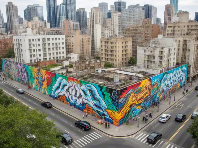 Large building mural seen from above in city
