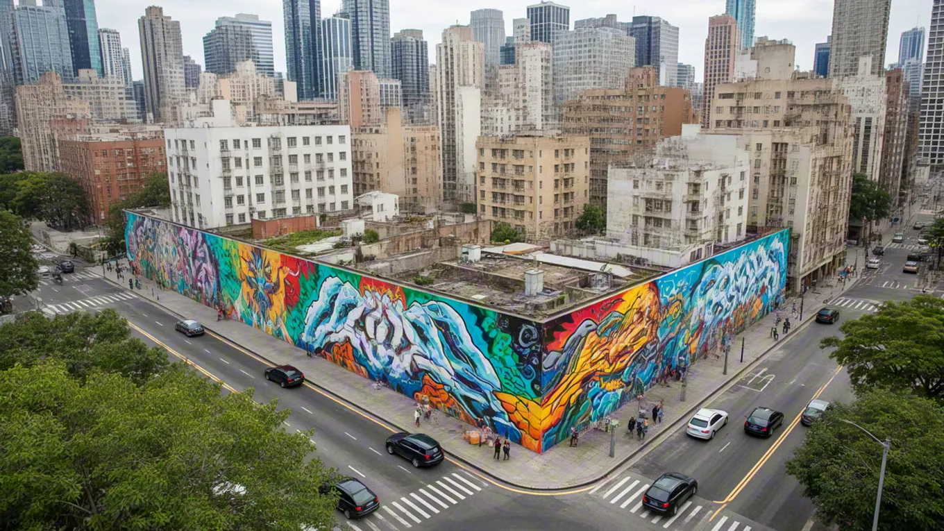 Large building mural seen from above in city