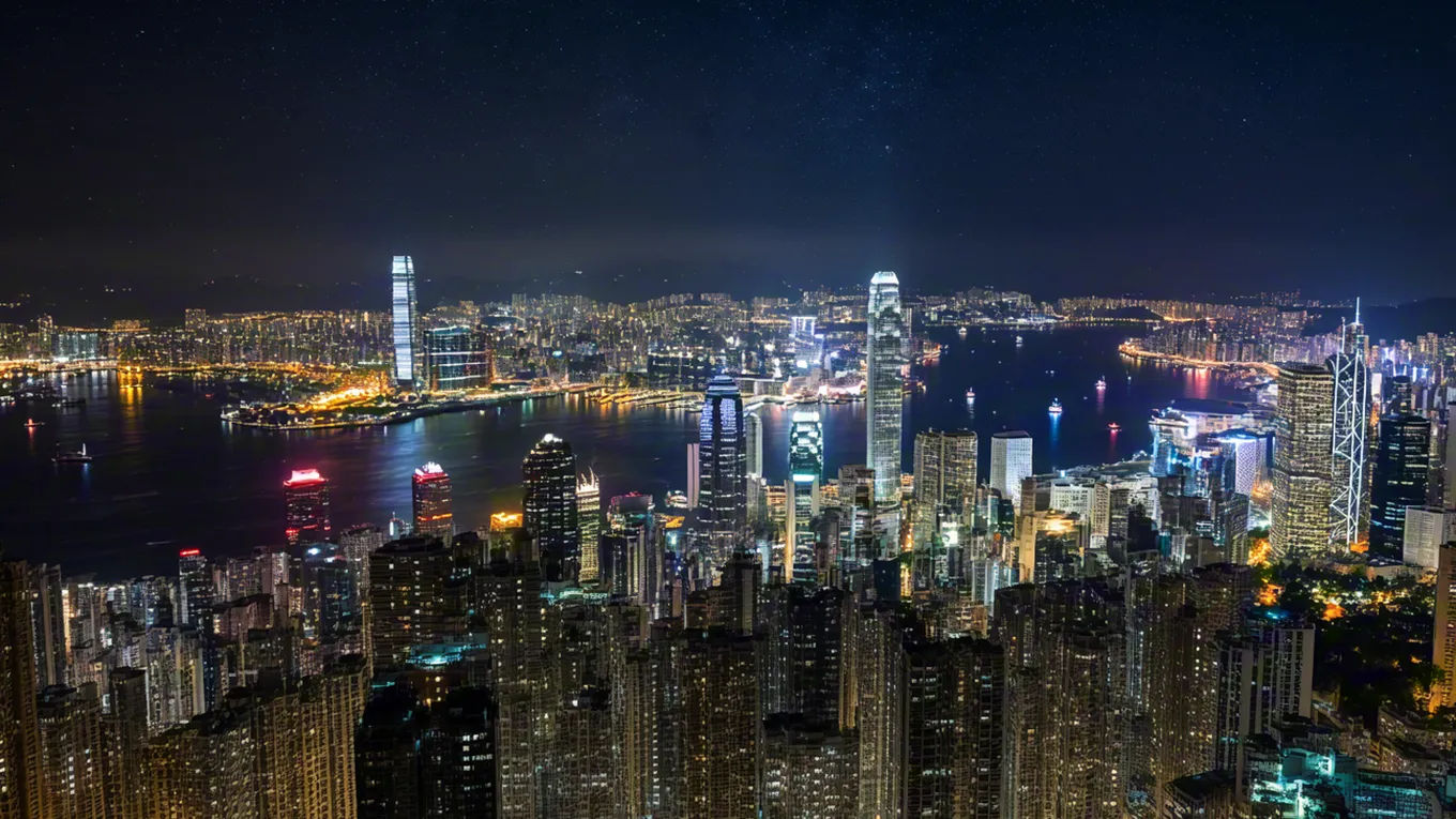 Aerial view of night city skyline