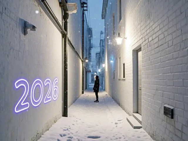 Person walking through narrow alleyway with glowing 2026 sign on wall