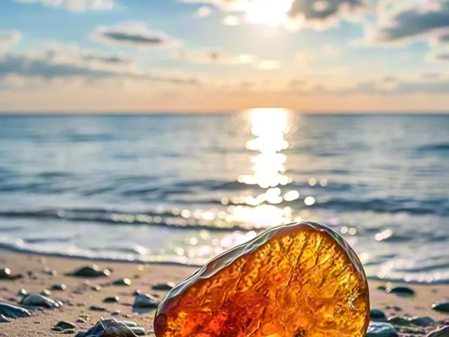 Golden amber piece lying on sand by the sea