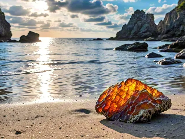 Amber gemstone glowing on rock near ocean