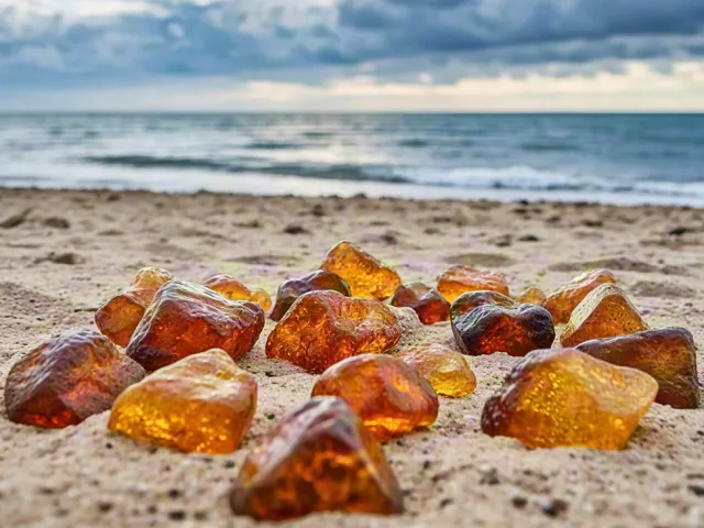 Multiple amber stones on sandy shoreline