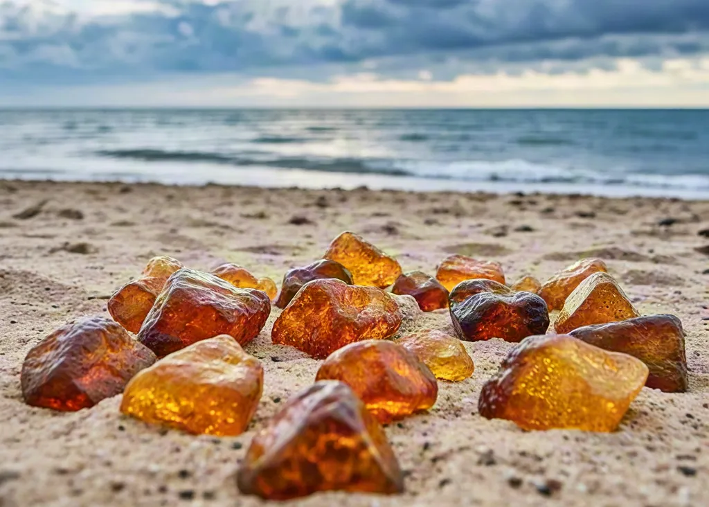 Amber stones scattered on beach