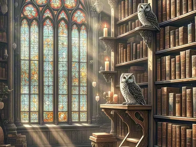 Medieval library interior with tall shelves