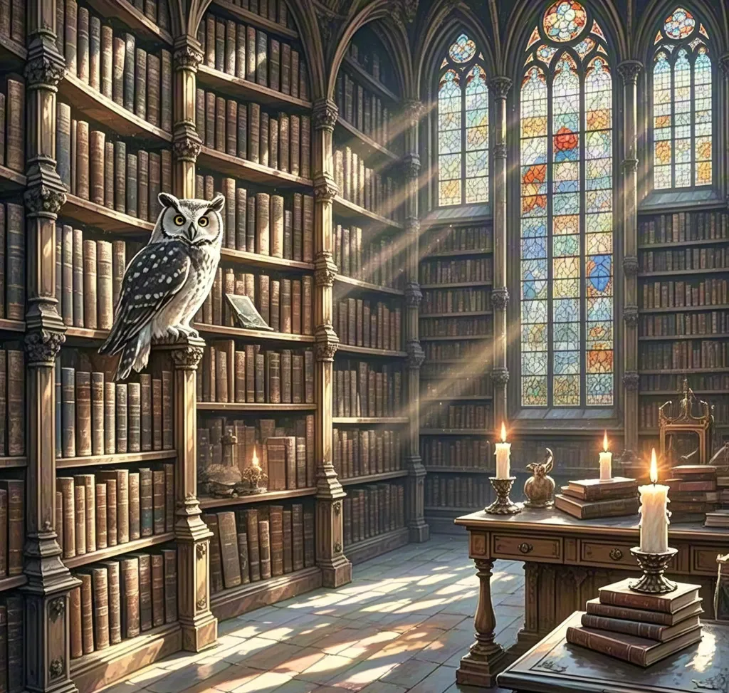 Ancient library with sunlight — fantasy interior art