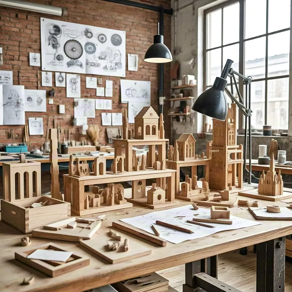 Architectural woodworking studio with scale models – creative design workshop