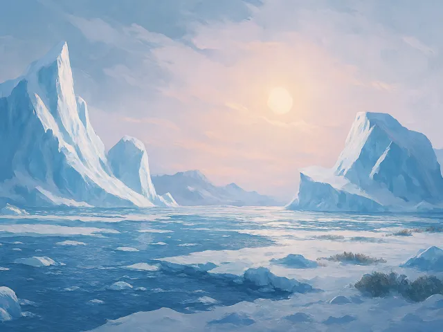 icy arctic ocean with glowing sunrise over icebergs