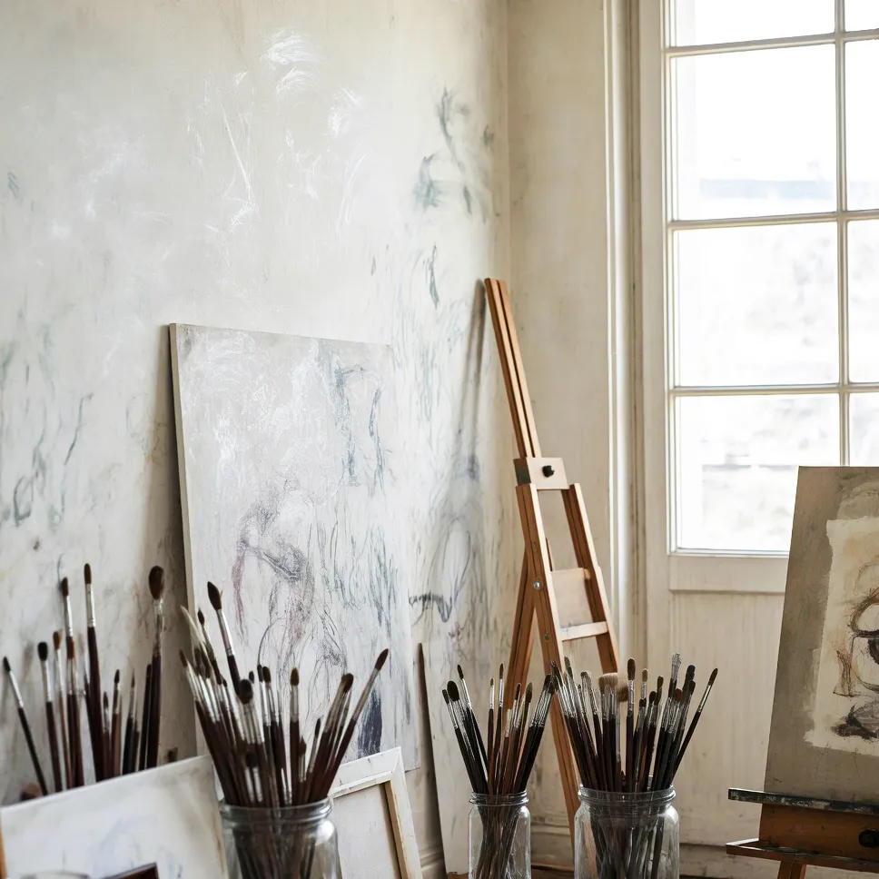 Art-satudio corner with abstract paintings on wall