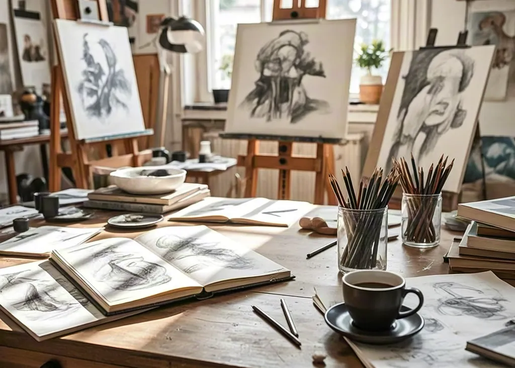Art studio with drawings and easels by window