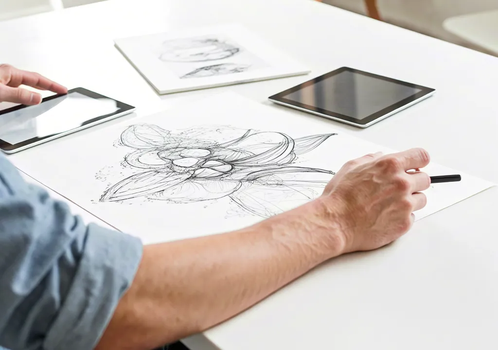 Artist drawing flower sketch on paper in bright studio