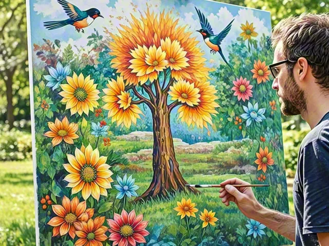 Painter creating vibrant fantasy sunflower artwork