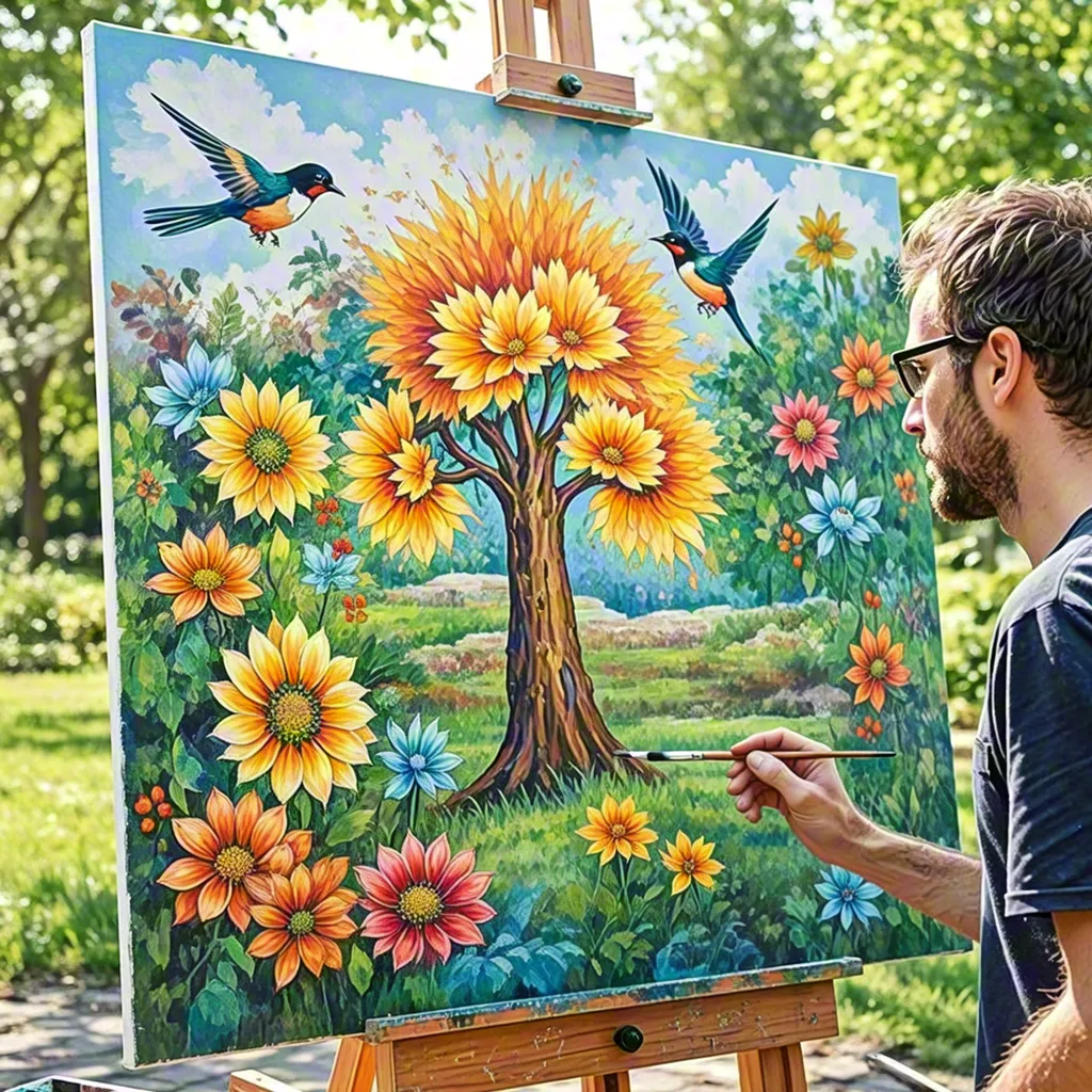 Artist painting colorful sunflower fantasy scene