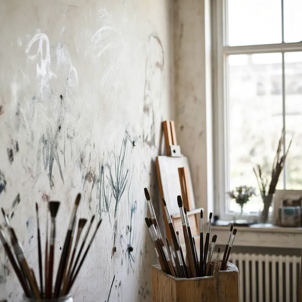 Artist studio with abstract paintings
