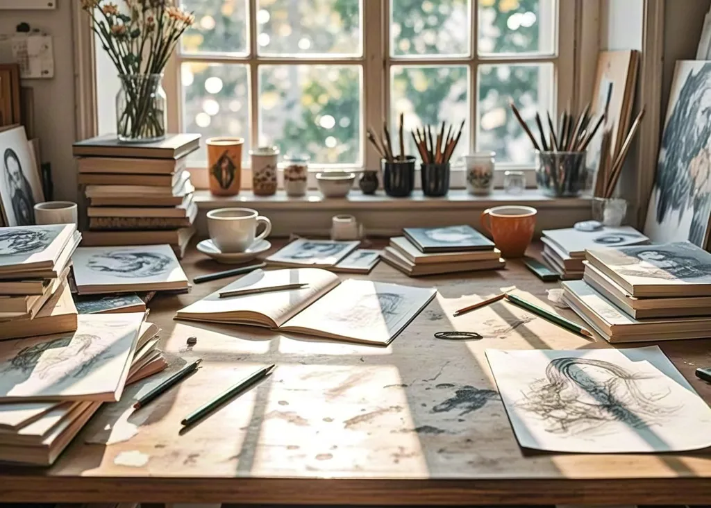 Artist workspace filled with sketches, books and natural light