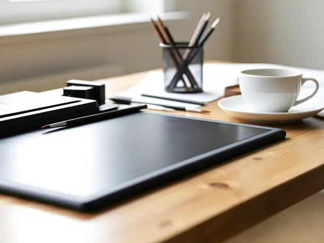 Tablet, notebook and coffee cup on desk