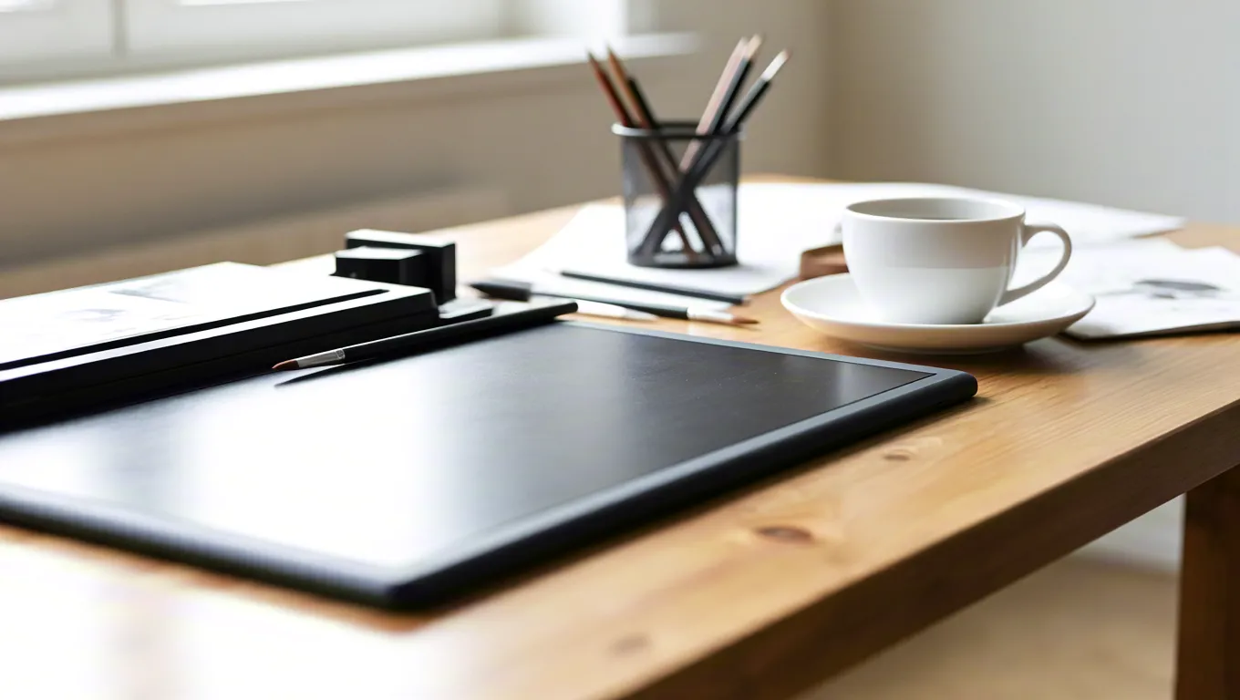Tablet, notebook and coffee cup on desk