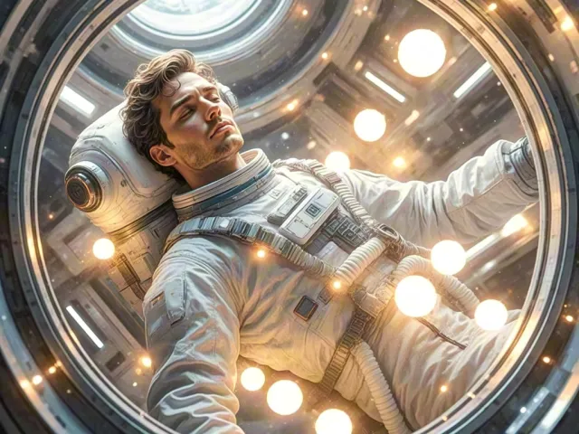 Astronaut in spherical capsule surrounded by glowing lights