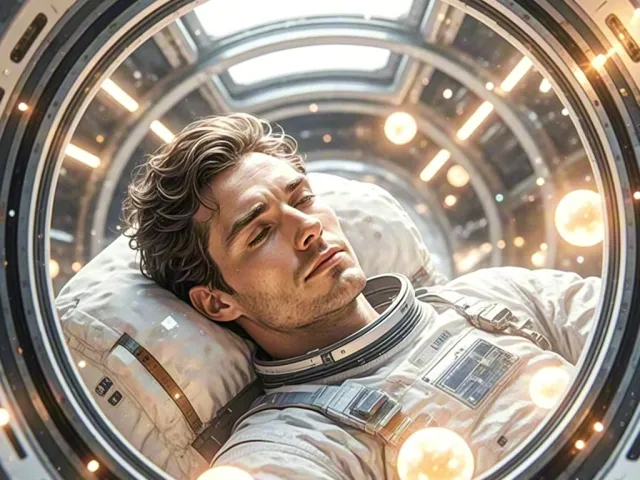 Man lying in futuristic cryogenic chamber