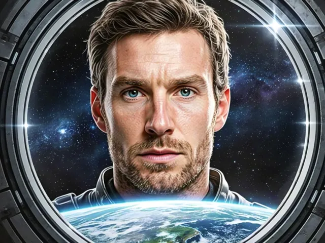 Man looking through space window above Earth