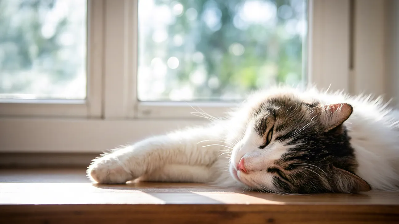 Lazy cat resting with closed eyes beside window indoors.