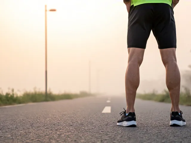 Runner resting on misty rural road