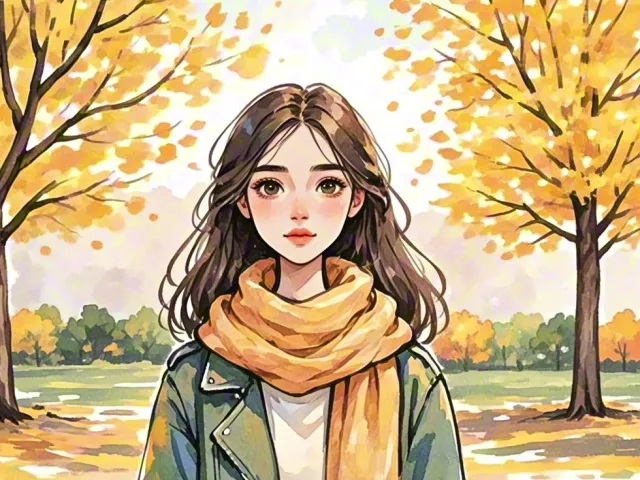 Illustration of a young woman in autumn scene wearing a scarf and coat.