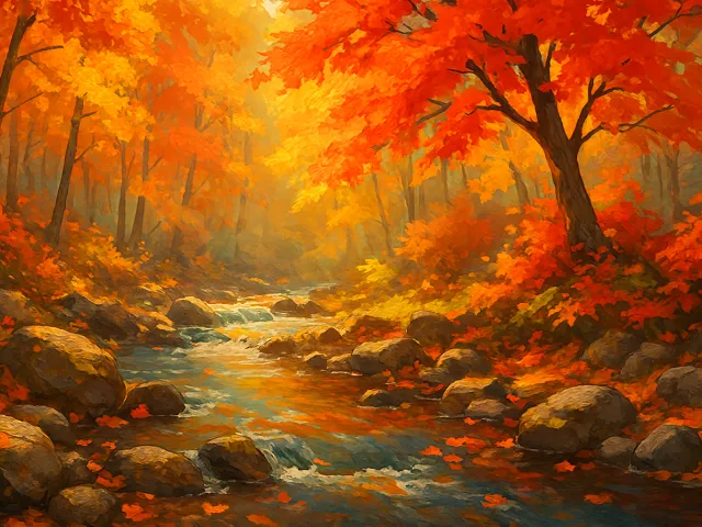 autumn forest landscape with a flowing creek