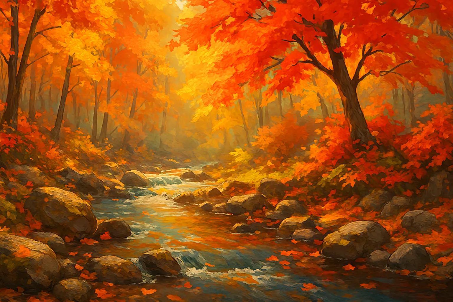 autumn forest landscape with a flowing creek