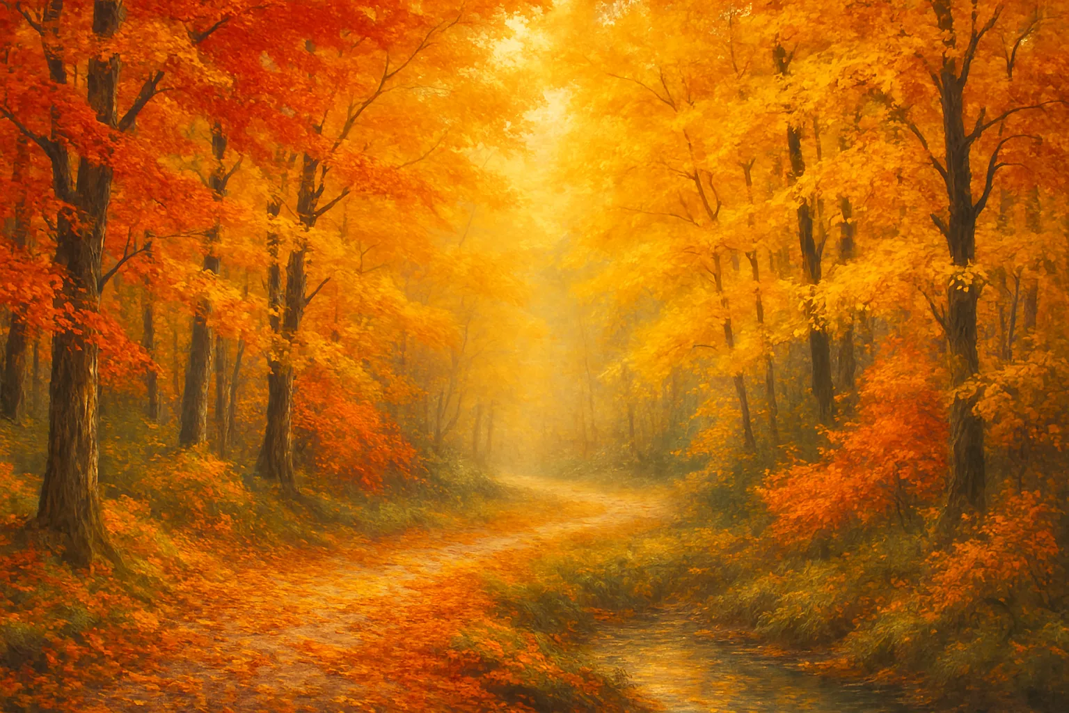 golden autumn forest with a sunlight path