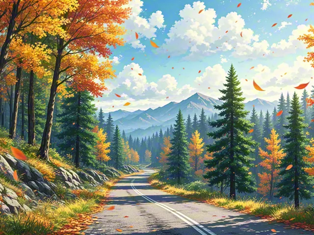 Scenic autumn forest with mountains, warm sunlight and blue sky