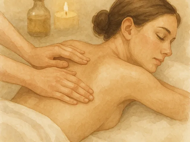 Watercolor illustration of a woman receiving a relaxing back massage.