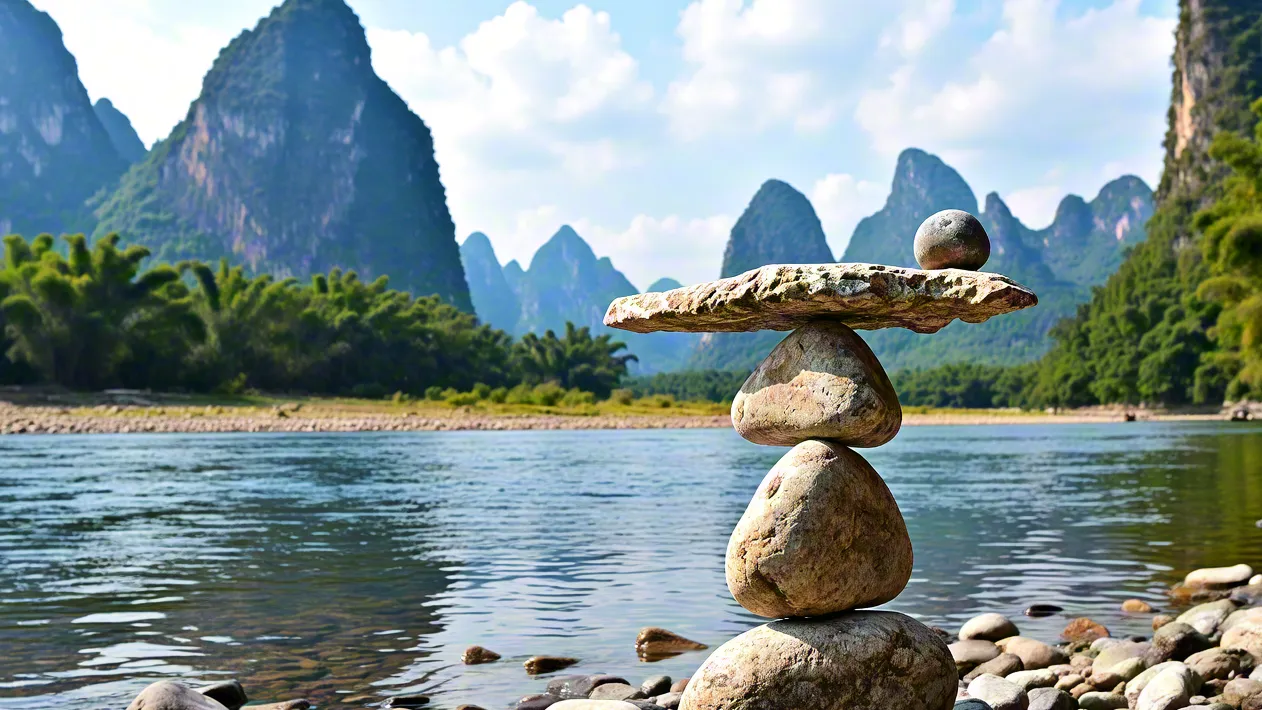Zen stone stack near calm river surrounded by green hills and blue sky. Portrait