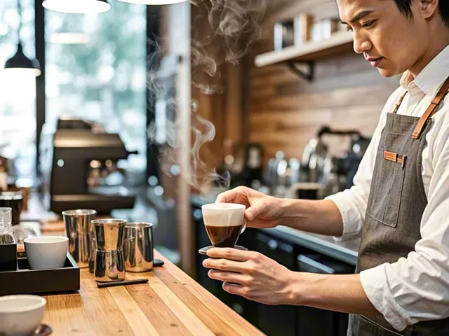 Male barista preparing coffee in warm modern café interior