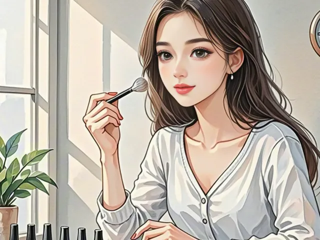 Young woman sitting in a nail studio surrounded by colorful nail polish bottles.