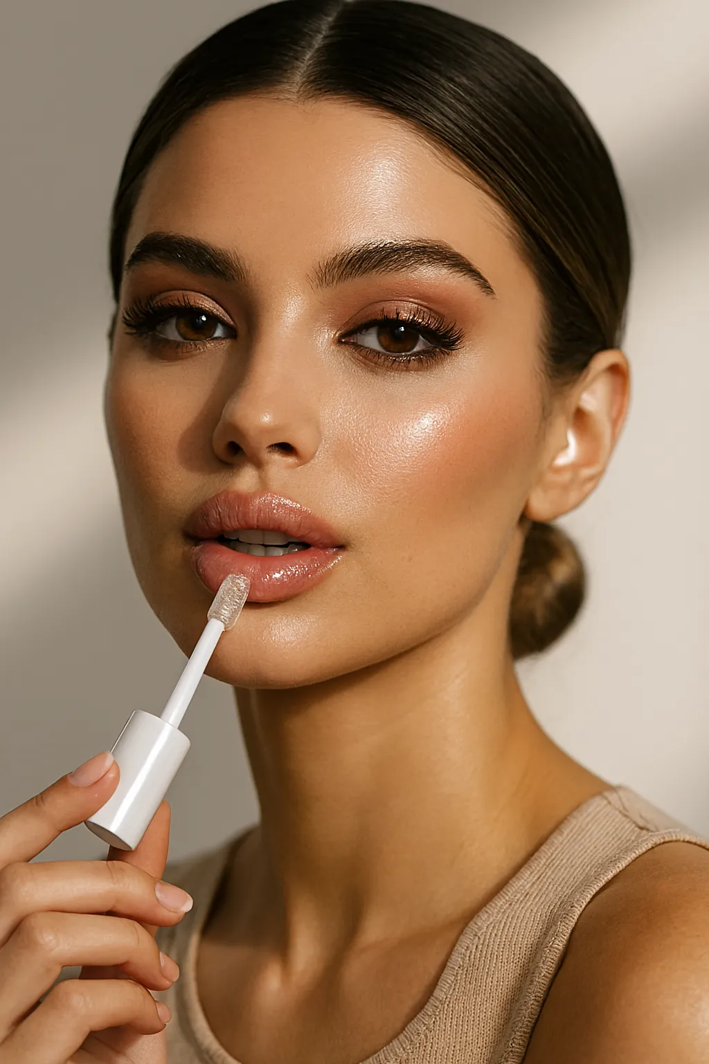 Beauty portrait of woman applying lip gloss – natural makeup and glowing skin