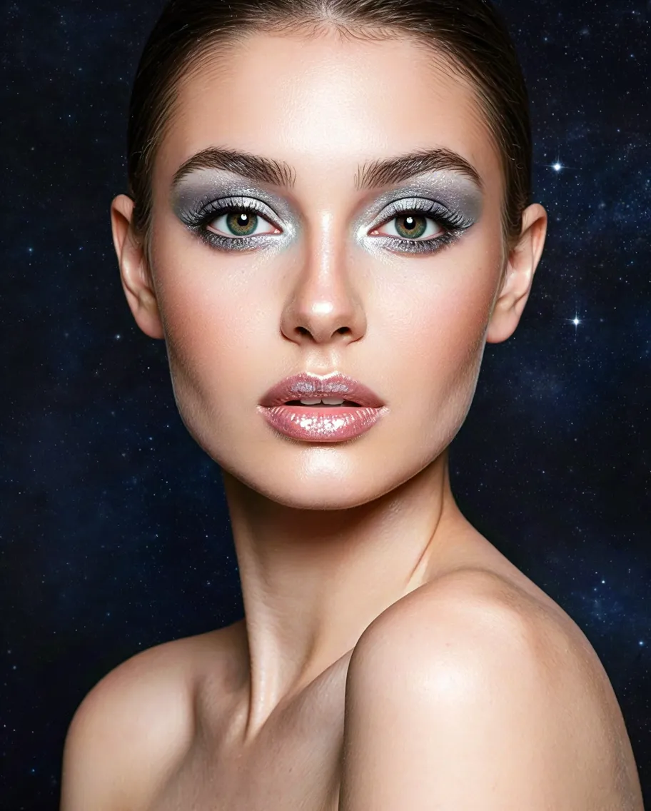 Woman with glamorous frosty blue eye makeup and soft glowing background