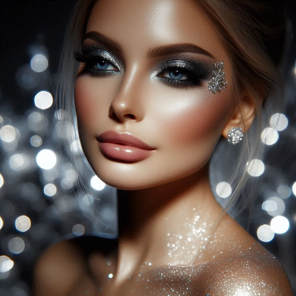 Beauty portrait with silver-blue festive makeup